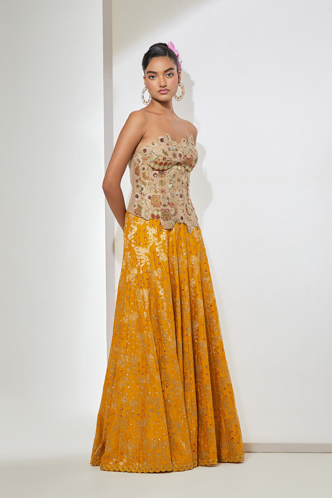 Antique Gold Floral Strapless Corset &amp; Mustard Bandani Silk Lehenga
