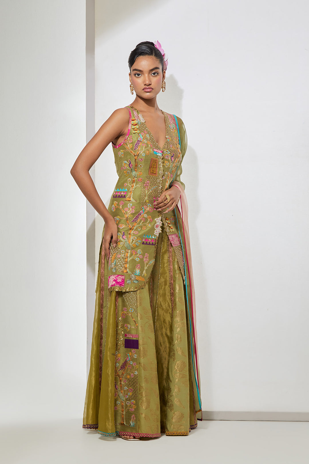 Sage Green Embroidered Sharara Set with Kurta &amp; Dupatta