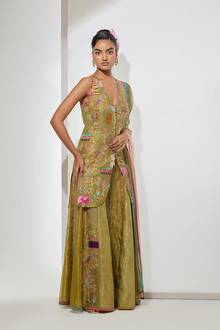 Sage Green Embroidered Sharara Set with Kurta &amp; Dupatta
