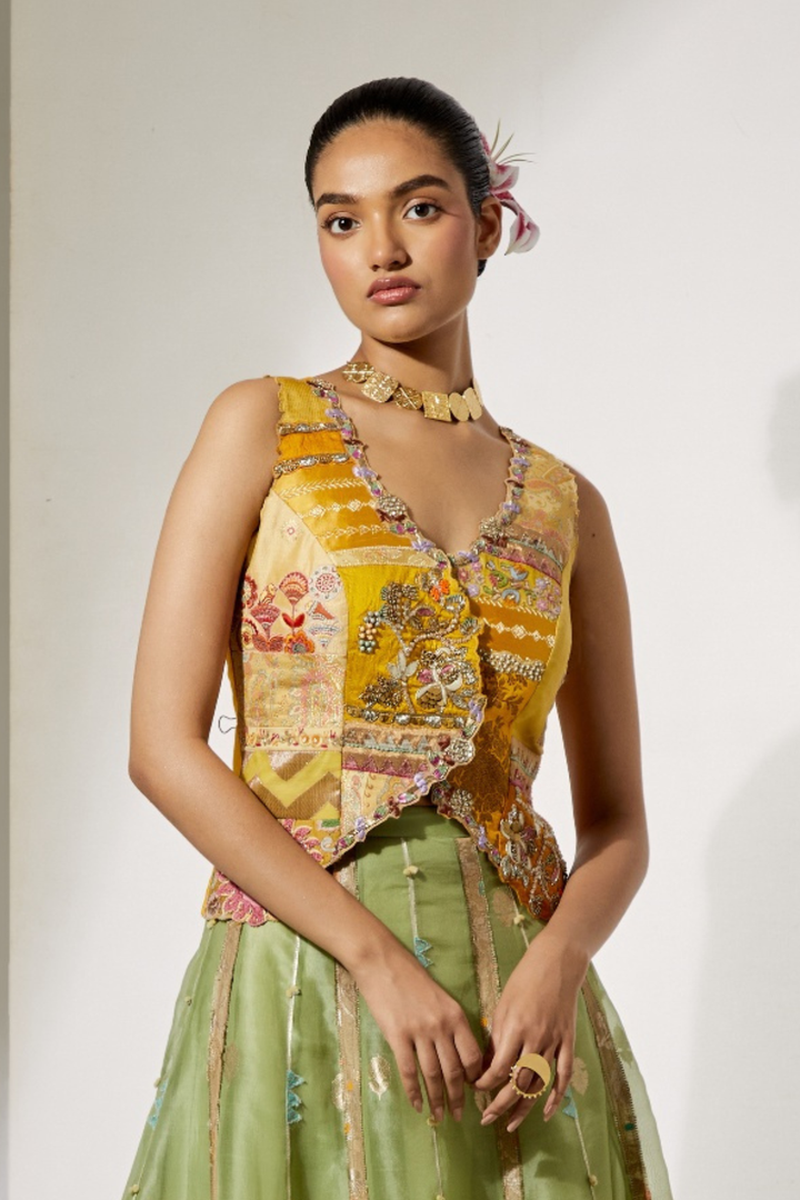 Yellow Organza Skirt with Floral Thread Embroidery+Mustard Patchwork Embroidered Corset Vest