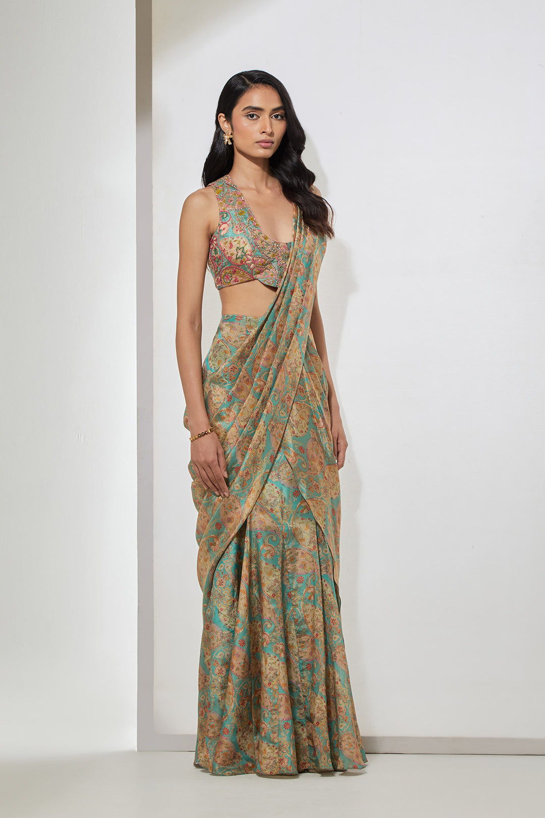 Aqua Paisley Printed Pre-Draped Saree with Corset Blouse