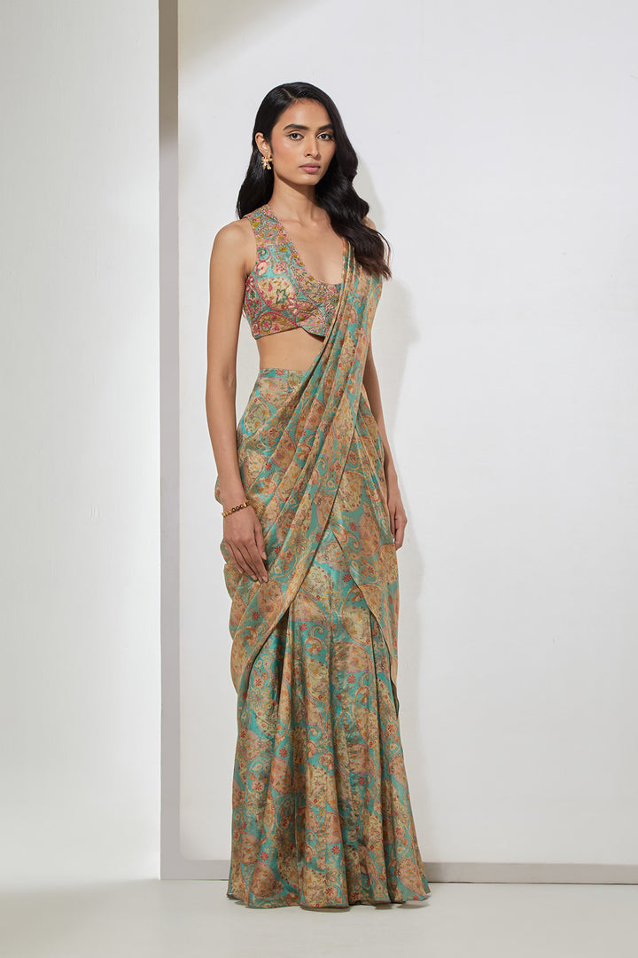 Aqua Paisley Printed Pre-Draped Saree with Corset Blouse