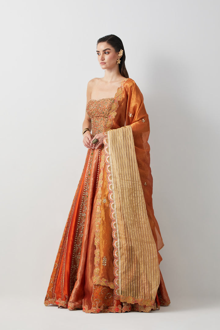 Roasted Carrot Hand Embroidered Lehenga Set with Organza Dupatta