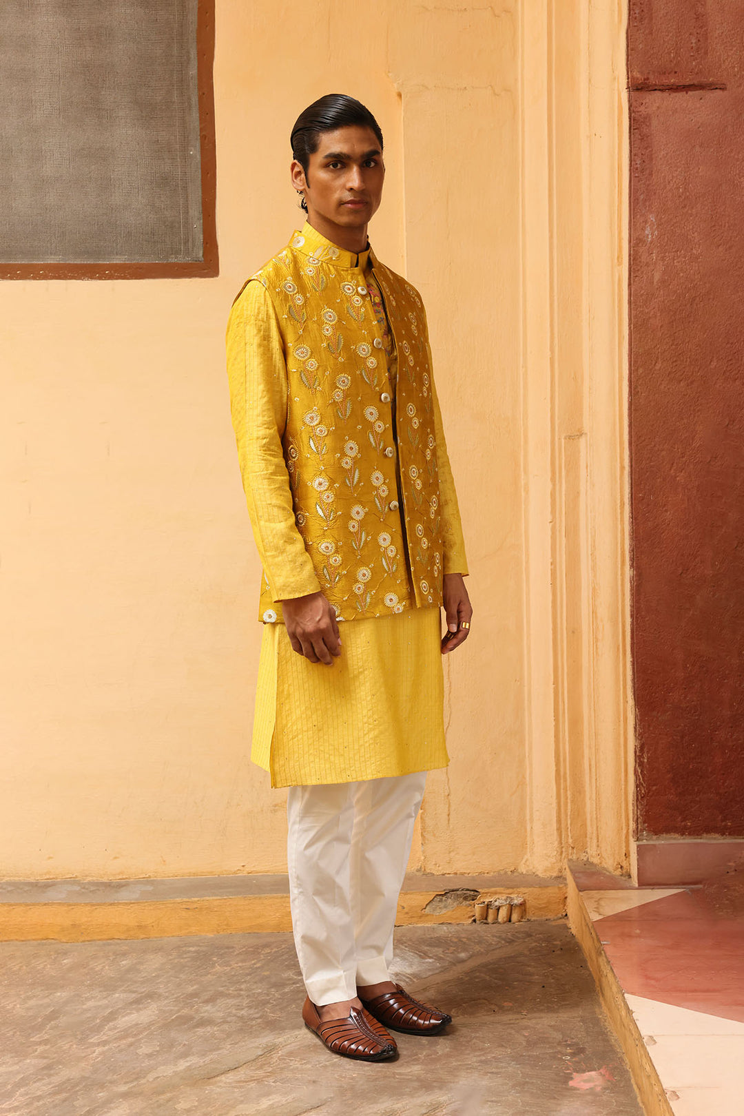 Marigold Yellow Silk Brocade Floral Bandi Set
