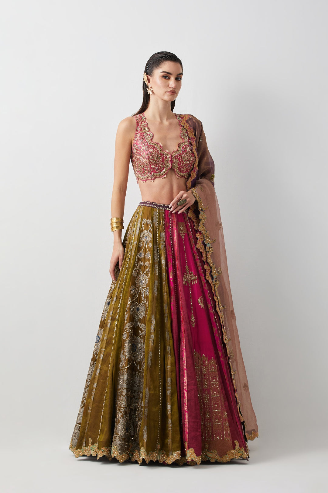 Multicolour Tissue &amp; Silk Hand Embroidered Lehenga Set