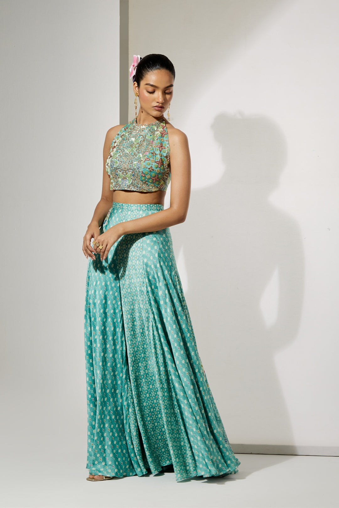 Aqua Bloom Halter Blouse &amp; Skirt Set