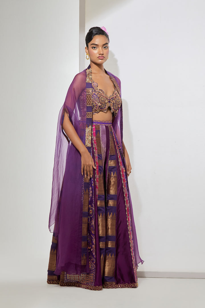 Wine Embroidered Bralette Lehenga Set with Organza Dupatta
