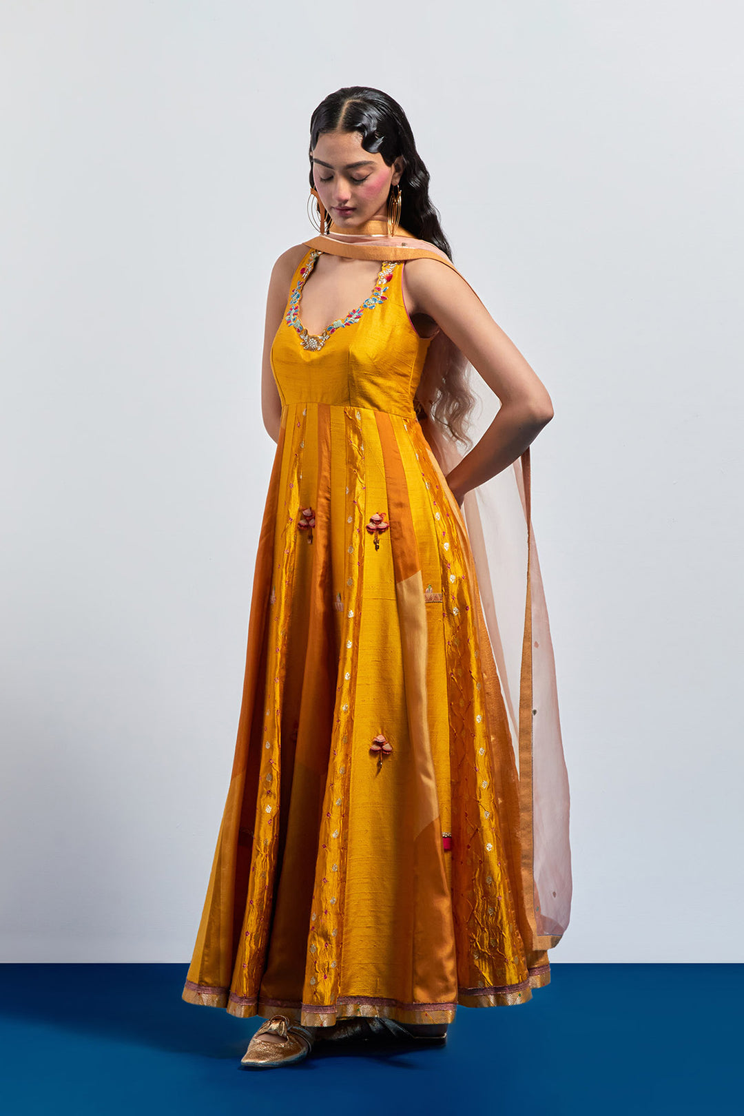 Mustard yellow embroidered anarkali set