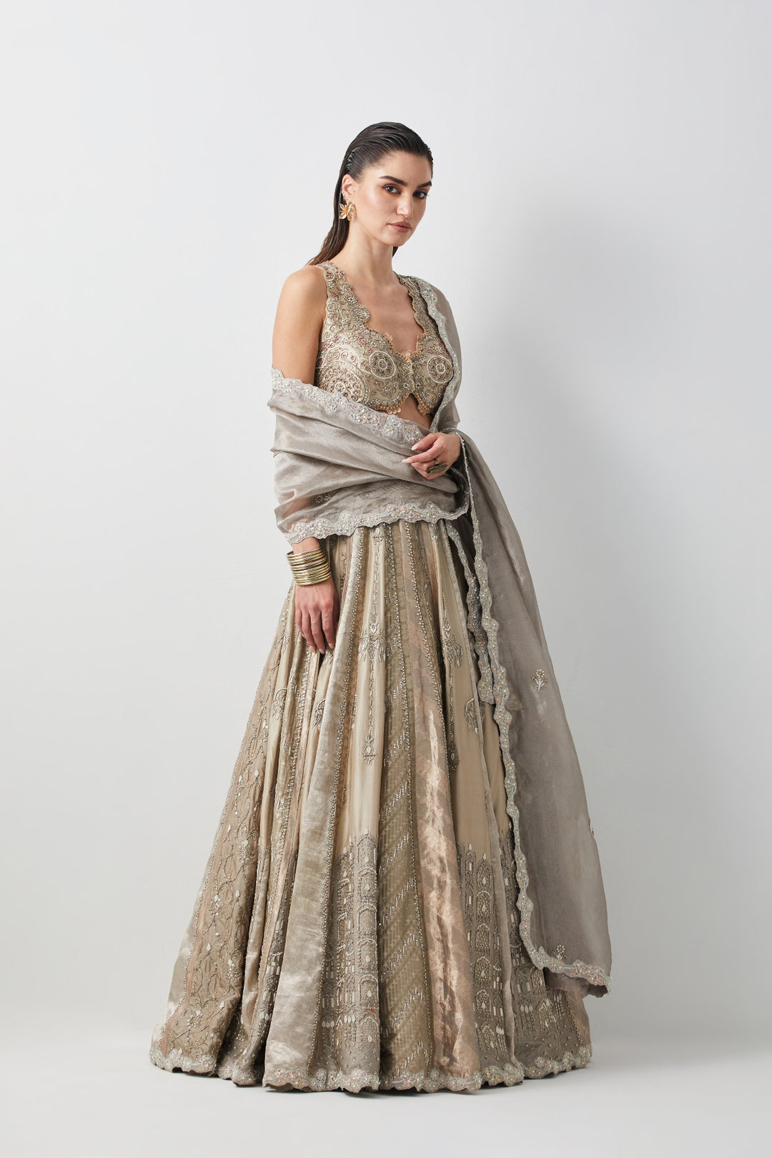 Silver Hand Embroidered Silk Brocade Lehenga Set