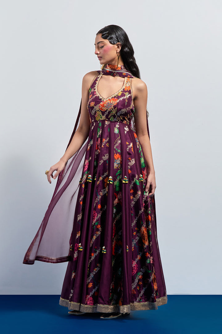 Wine multicolour anarkali set