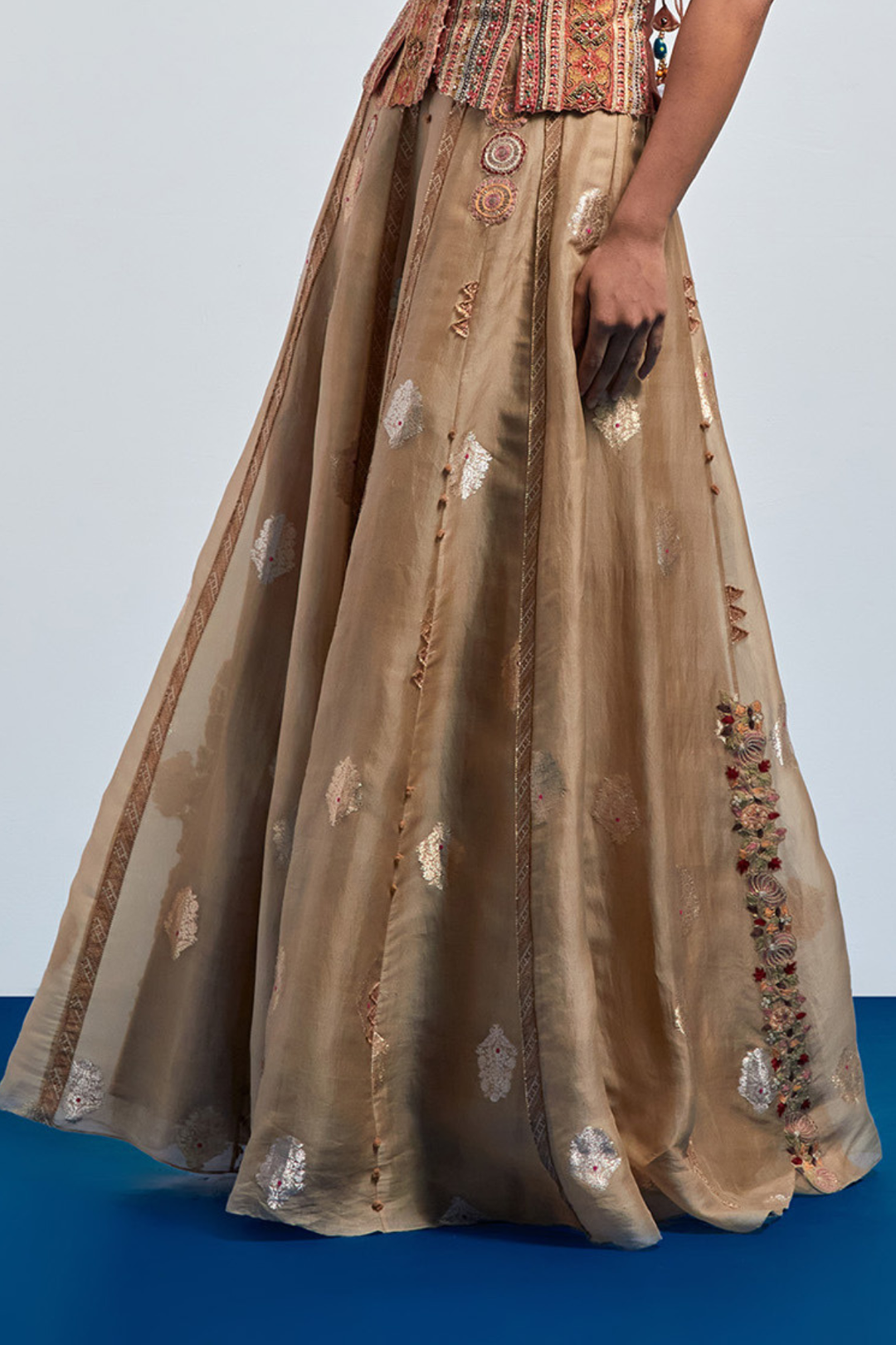 Beige Gold Motif Embroidered Skirt