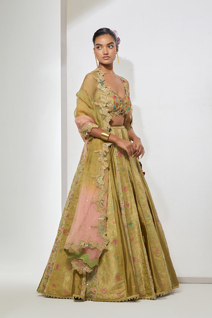 Lime Brocade Lehenga Set with Embellished Bralette &amp; Organza Dupatta