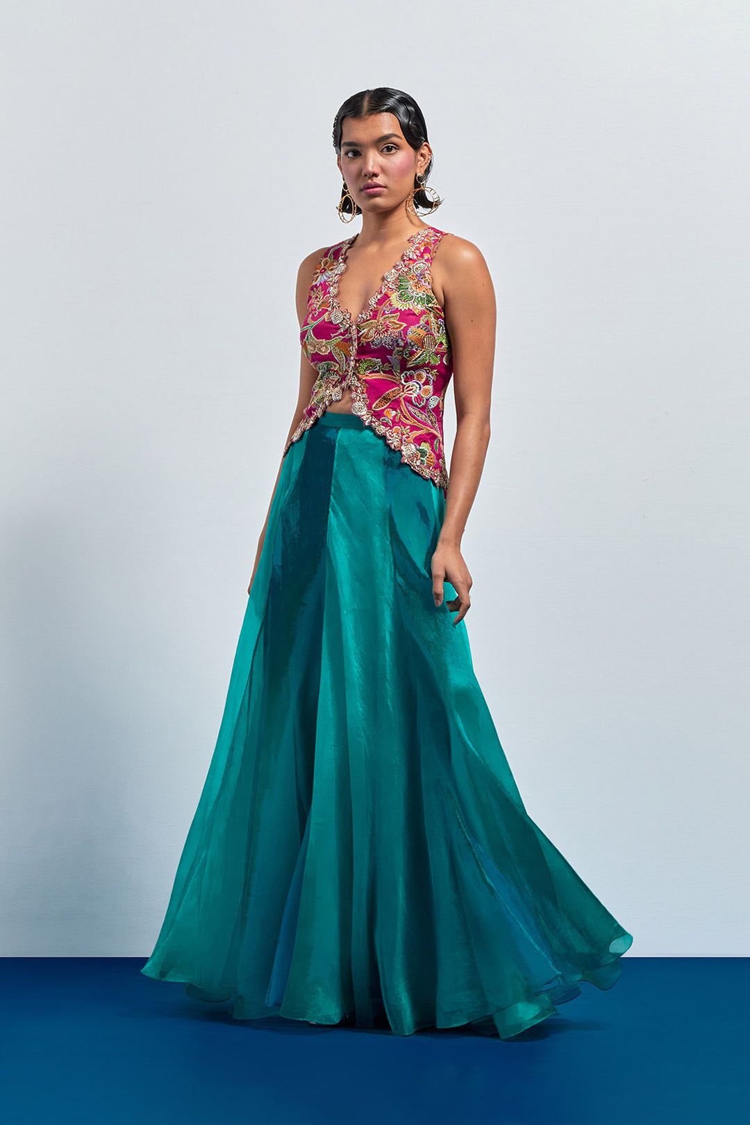 Fuchsia Embroidered Corset with Teal Organza Skirt