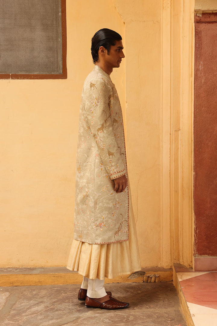Ivory Silk Embroidered Sherwani Set