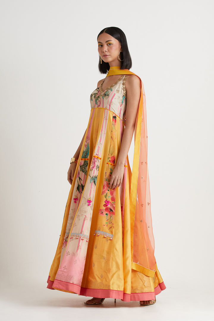 Yellow pink printed embroidered anarkali gown with dupatta