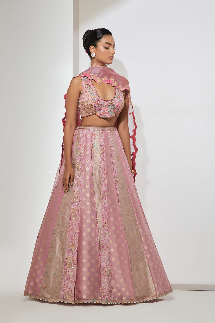 Pink Brocade Lehenga Set with Embellished Bralette &amp; Organza Dupatta