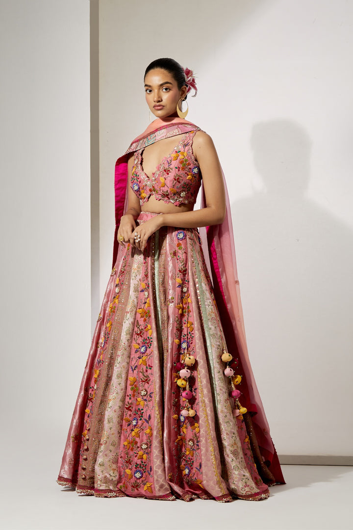 Rose Pink Embroidered Lehenga Set with Organza Dupatta