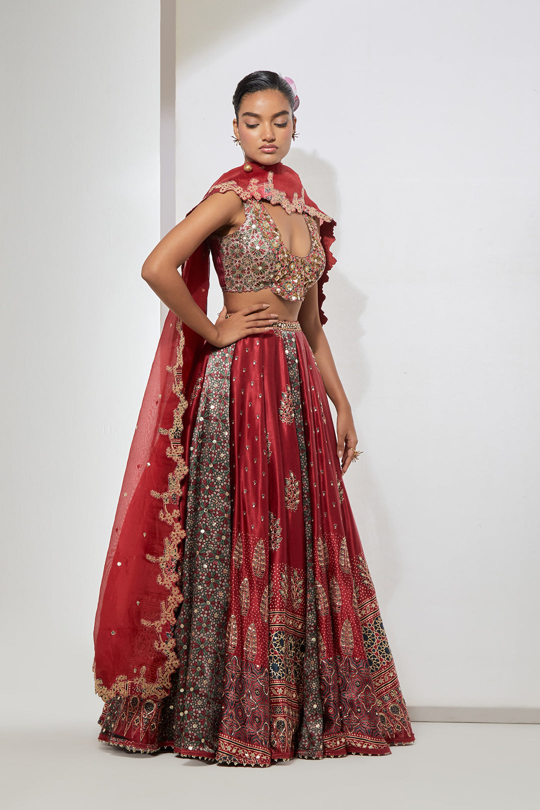 Cherry Red Ajrakh Printed Silk Lehenga Set with 3D Mirror &amp; Gota Heavy Blouse