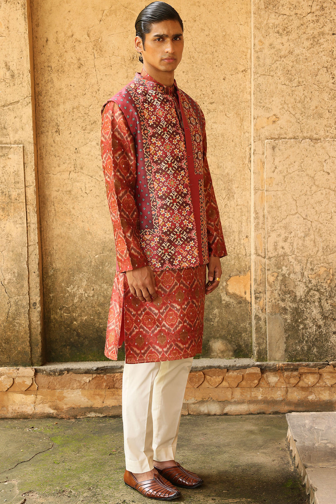 Rust Ikat Silk Bundi Set