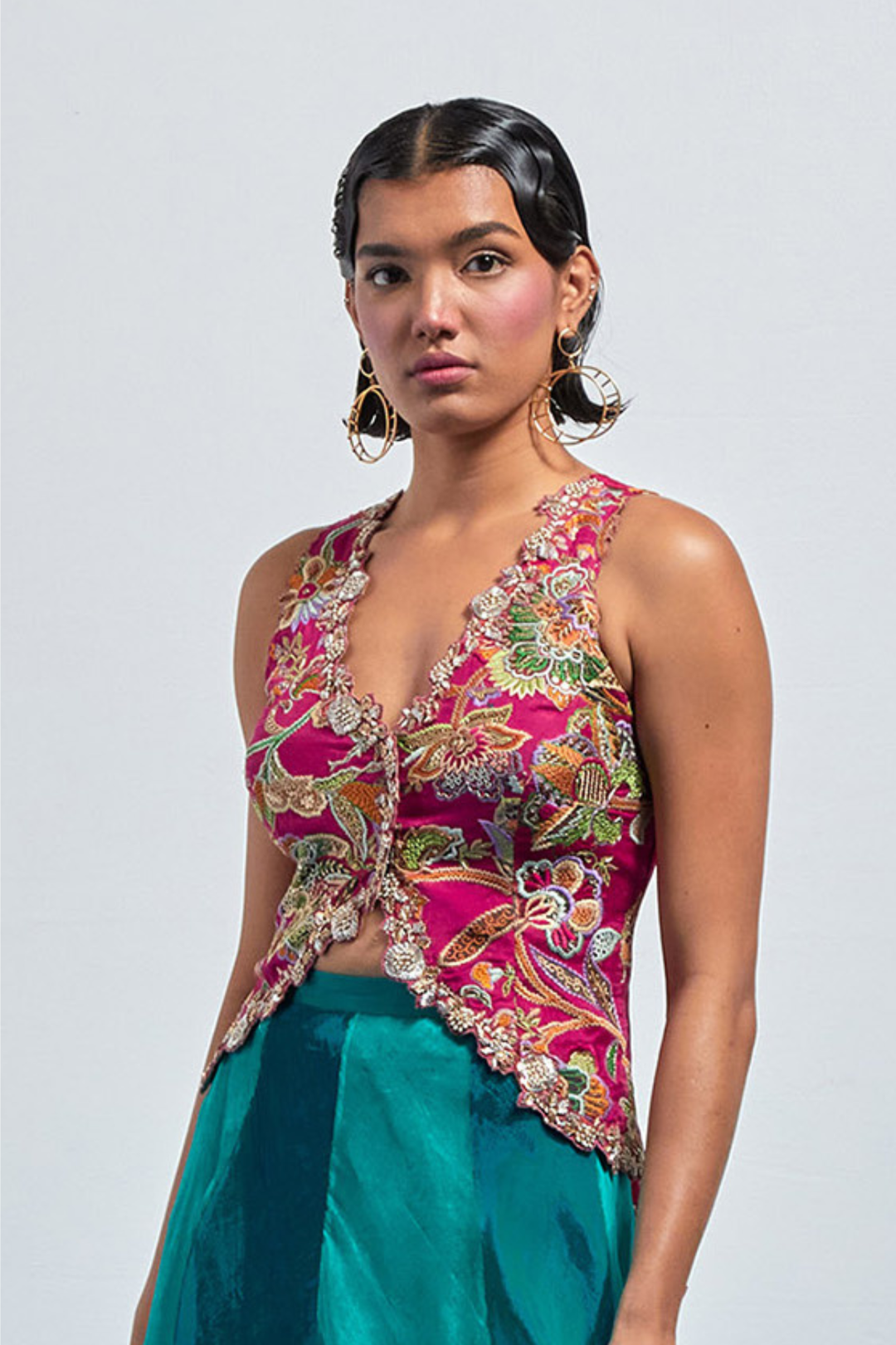 Fuchsia Pink Floral Embroidered Corset+Fuchsia Pink Floral Embroidered Corset