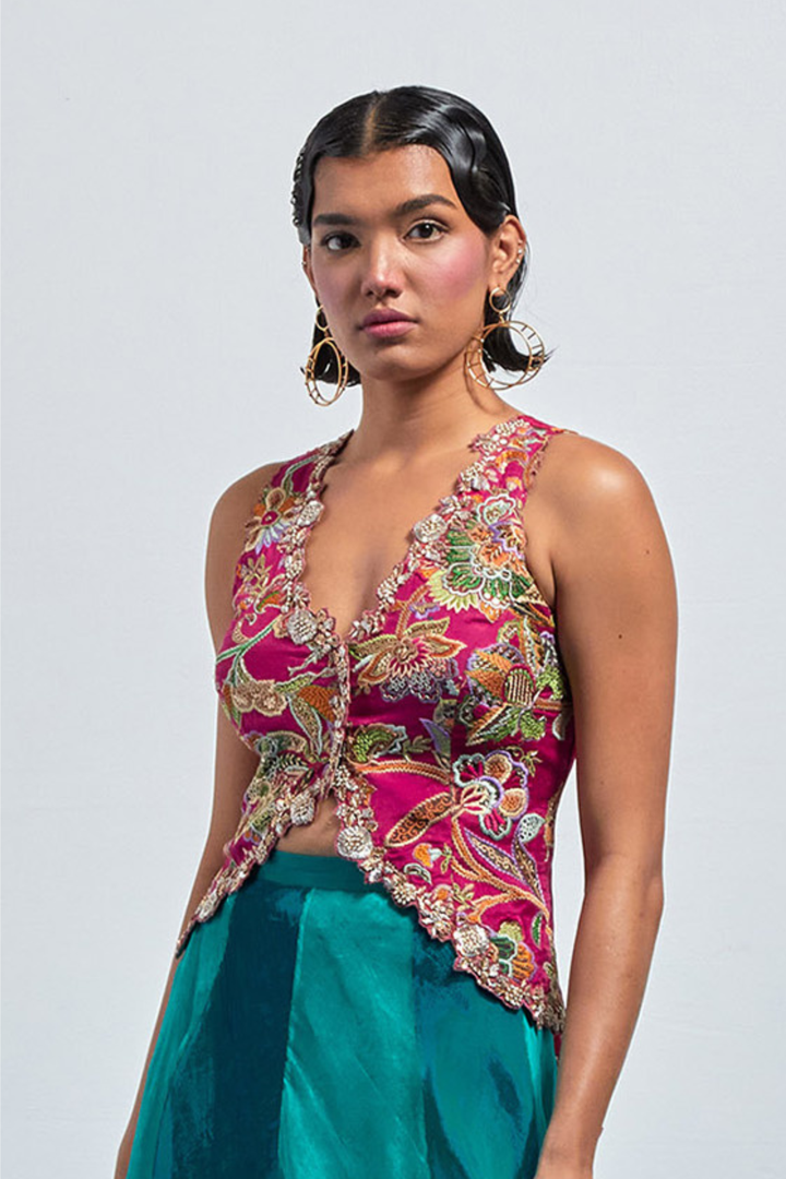 Fuchsia Pink Floral Embroidered Corset+Fuchsia Pink Floral Embroidered Corset