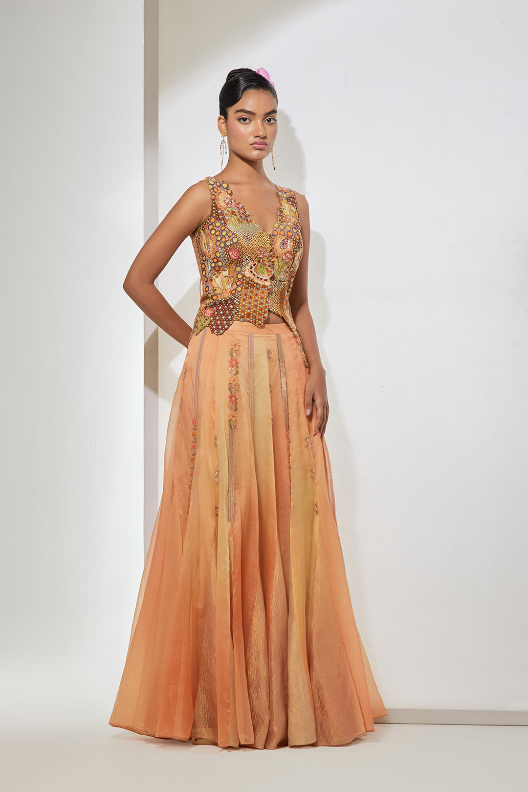 Meher Hand-Embroidered Silk Corset &amp; Organza Skirt Set