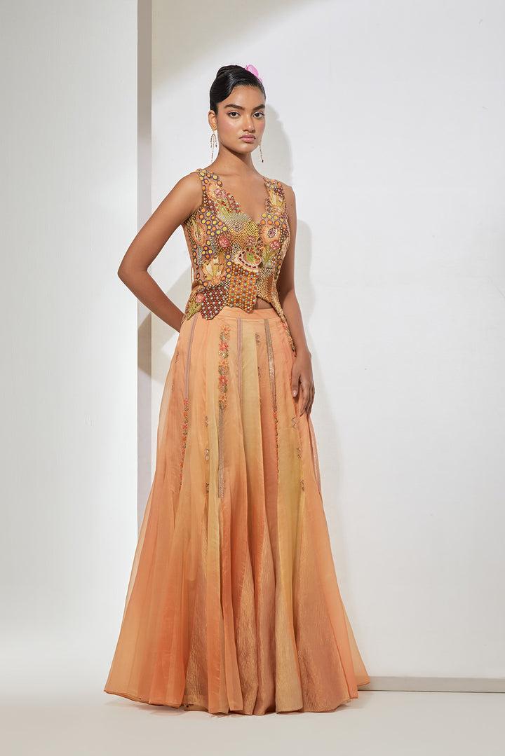 Meher Hand-Embroidered Silk Corset &amp; Organza Skirt Set