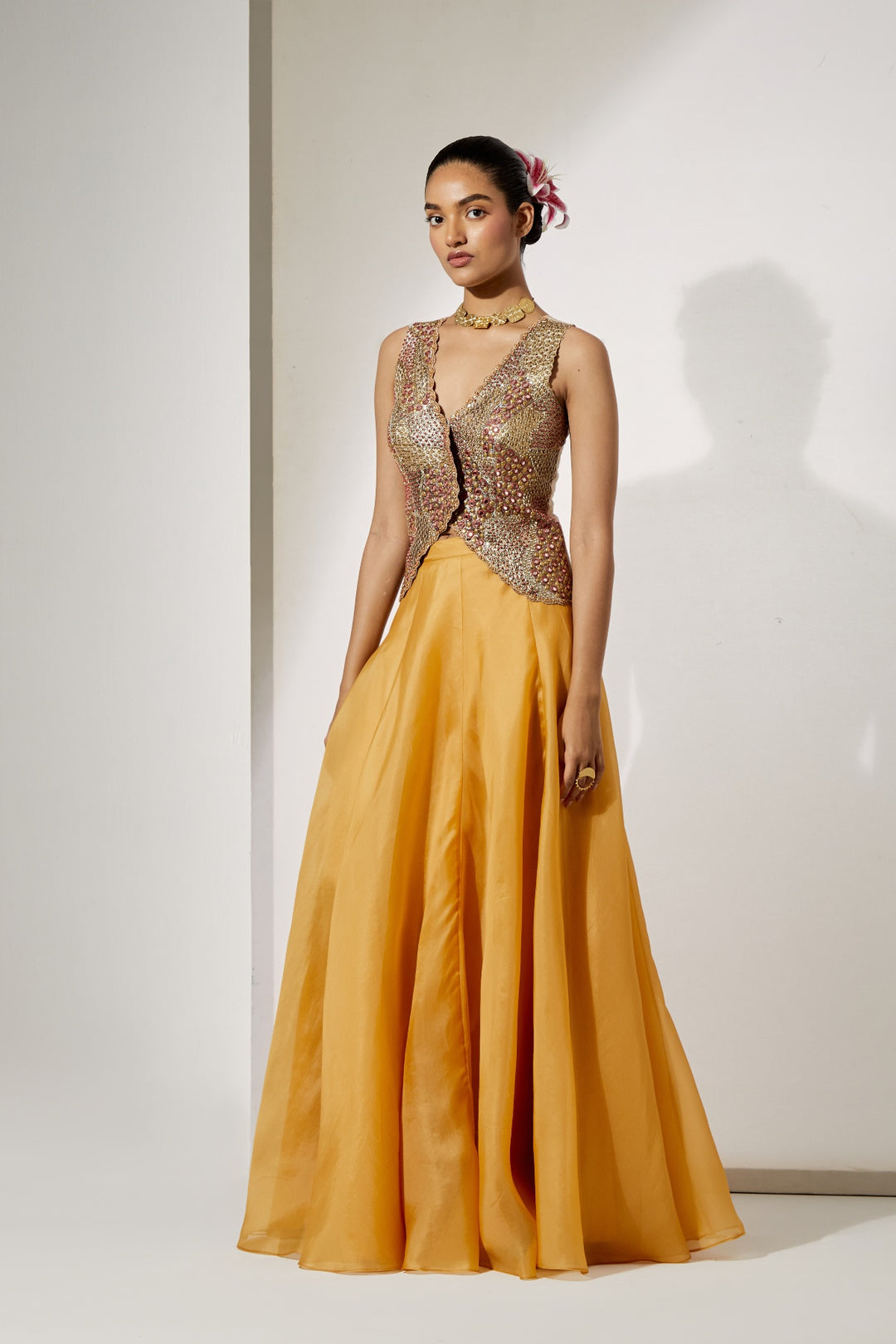Mustard Gold Embroidered Corset &amp; Organza Skirt Set | RTS