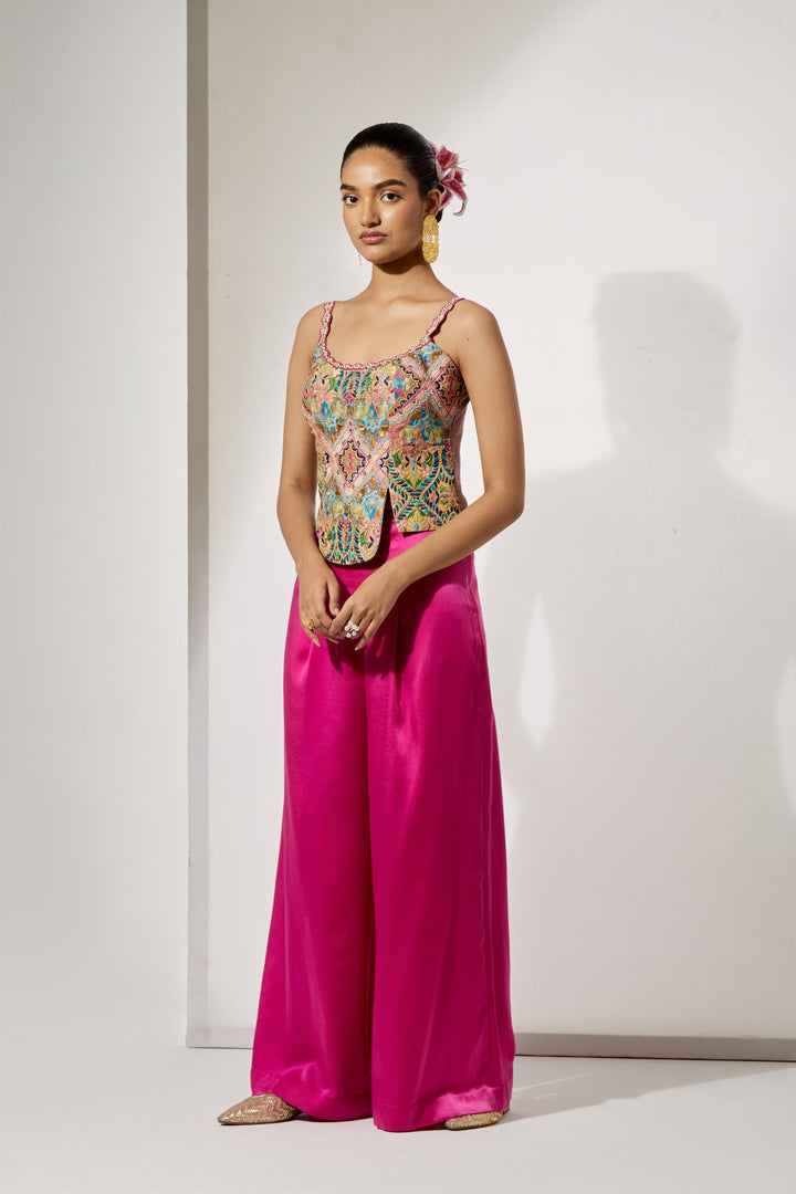 Fuchsia Embroidered Corset &amp; Palazzo Set
