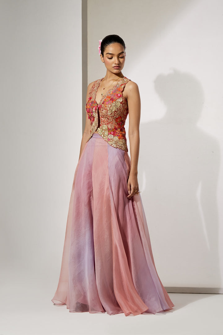 Blush Pink Embroidered Corset &amp; Organza Skirt Set