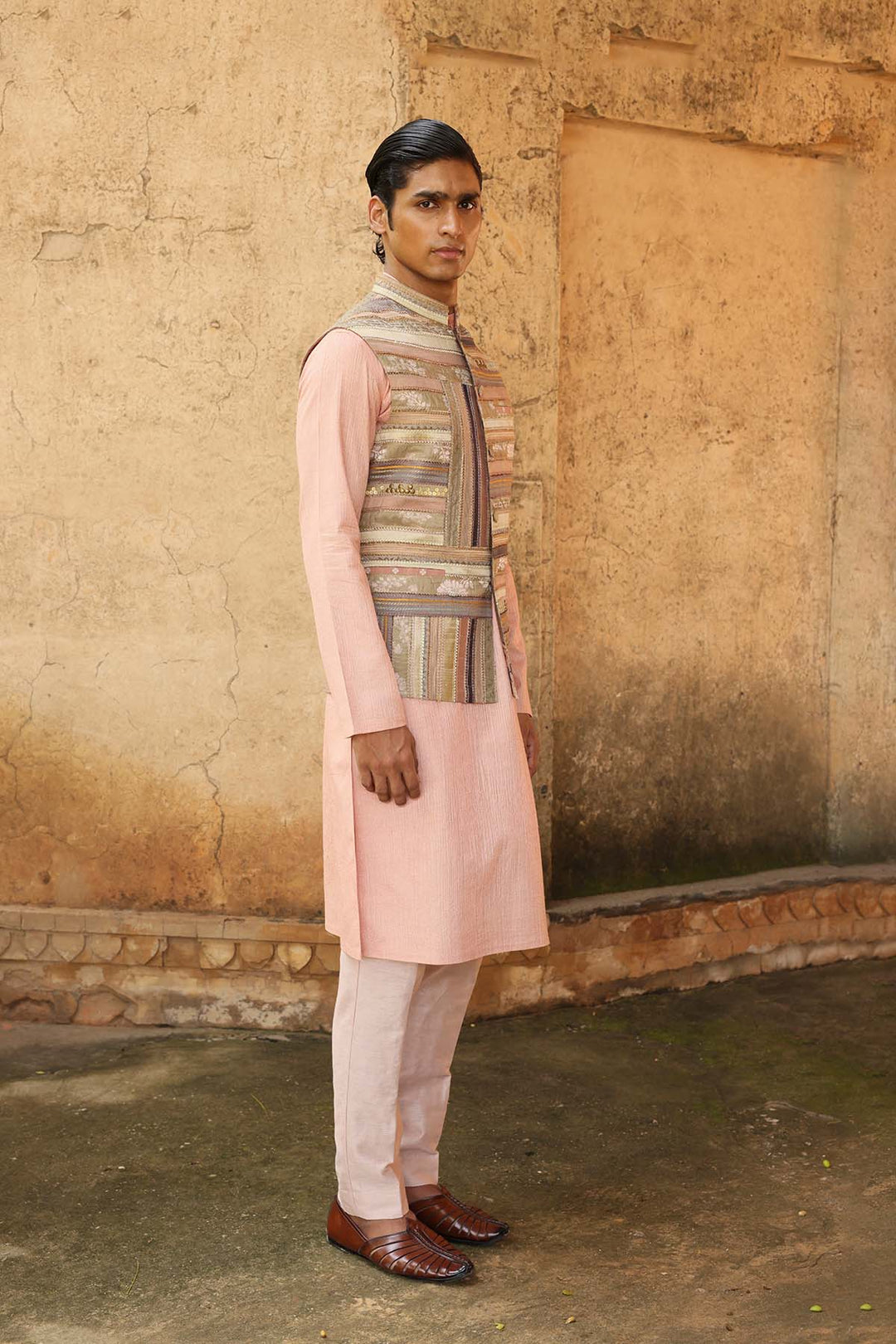 Blush kurta set with Linear embroidered jacket