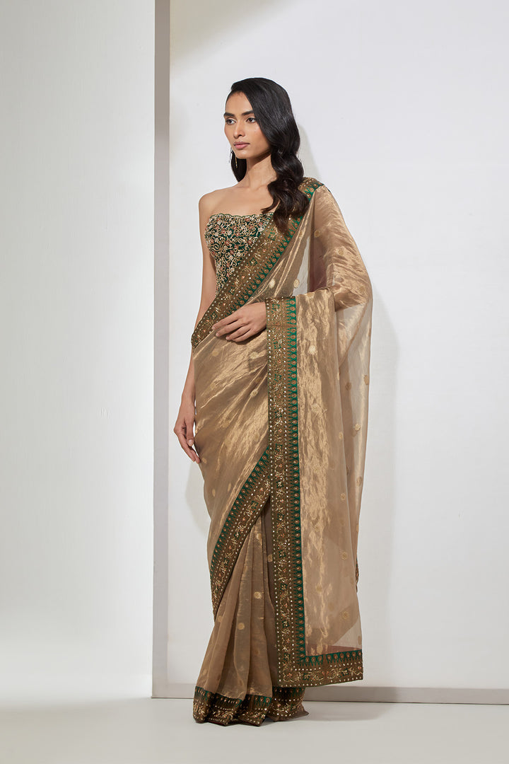 Antique Gold Tissue Saree with Emerald Green Border &amp; Heavy Corset Blouse