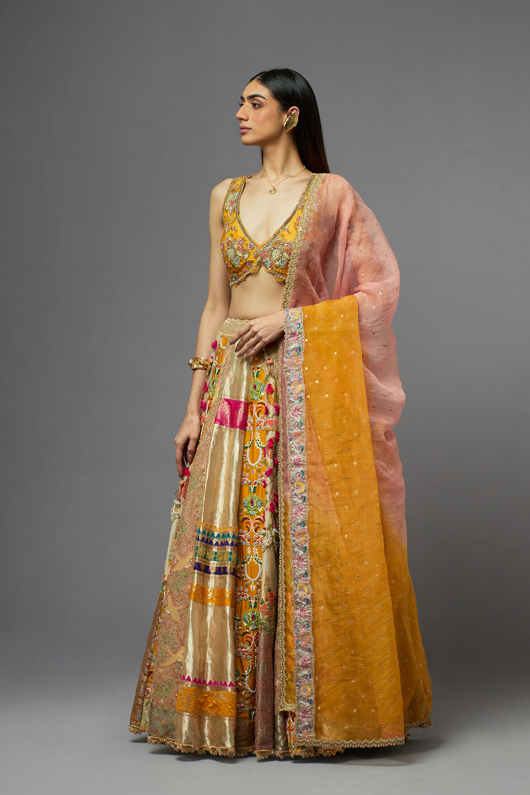 Mustard yellow embroidered lehenga choli with dupatta