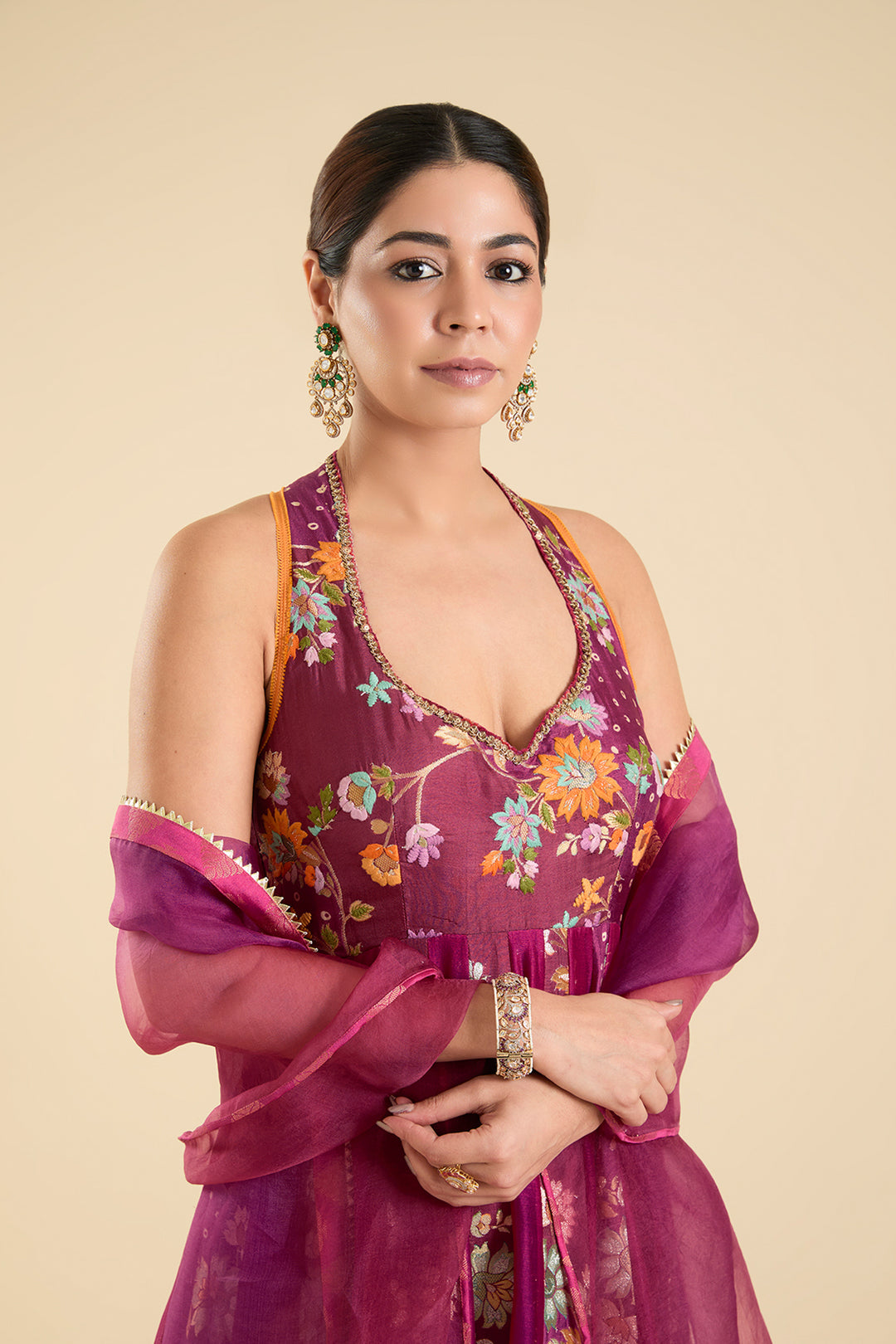 Plum Floral Embroidered Anarkali Set with Organza Dupatta | RTS