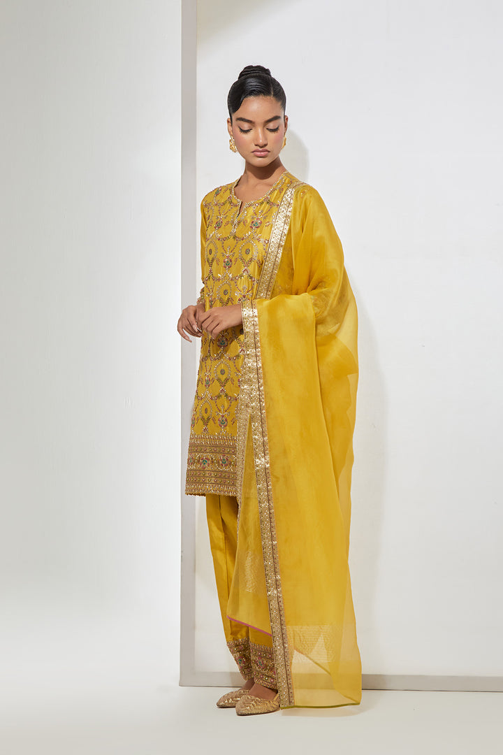 Mustard Embroidered Kurta Set with Dupatta