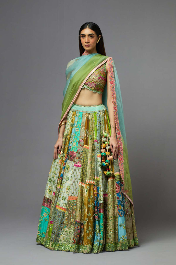 Multicolour panelled lehenga set with dupatta