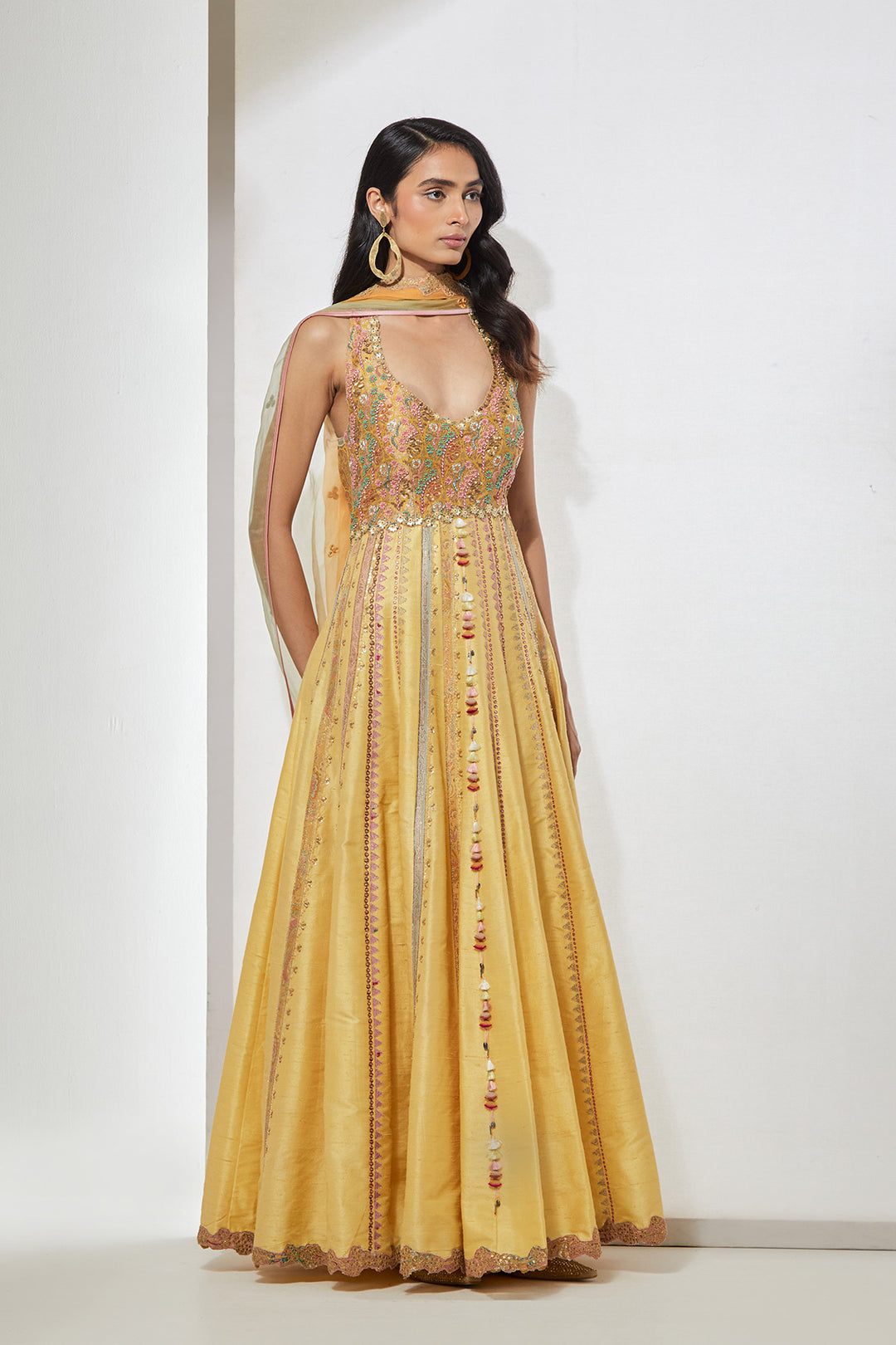 Mustard Yellow Sleeveless Anarkali with Multicolor Threadwork &amp; Tassel Detailing