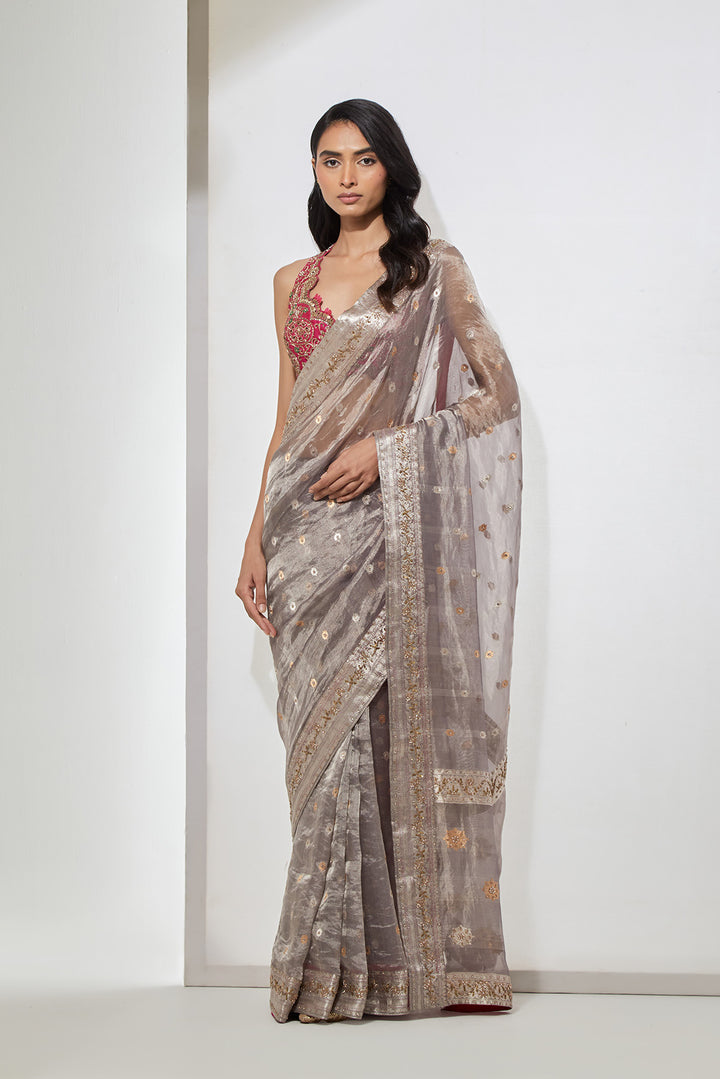 Ash Grey Tissue Organza Saree with Zardozi Border &amp; Hot Pink Embroidered Blouse