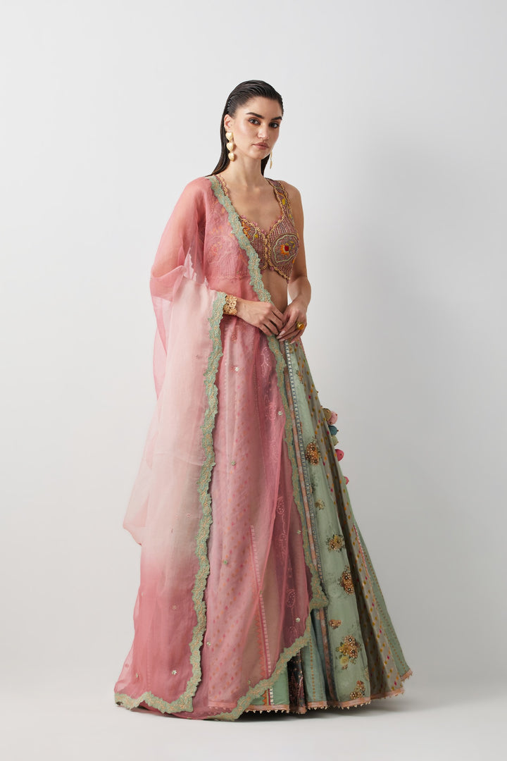 Aqua Silk Hand Embroidered Lehenga Set with Organza Dupatta