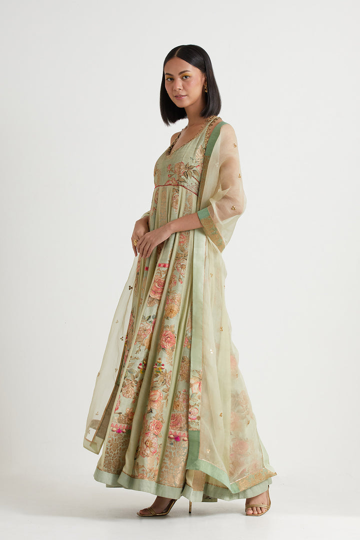 L. green printed embroidered anarkali with dupatta