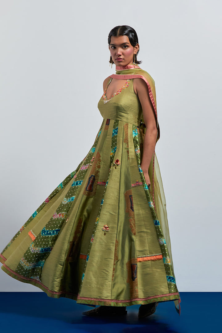 Lime green embroidered anarkali set