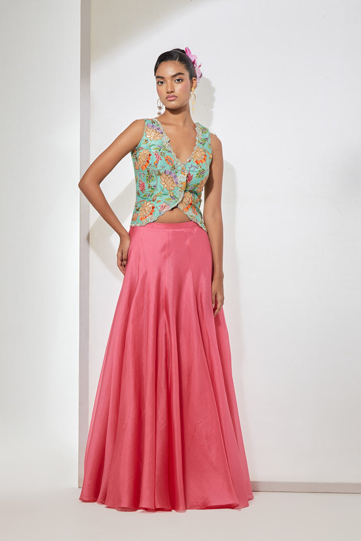 Gulbahar Hand-Embroidered Silk Corset &amp; Organza Skirt Set