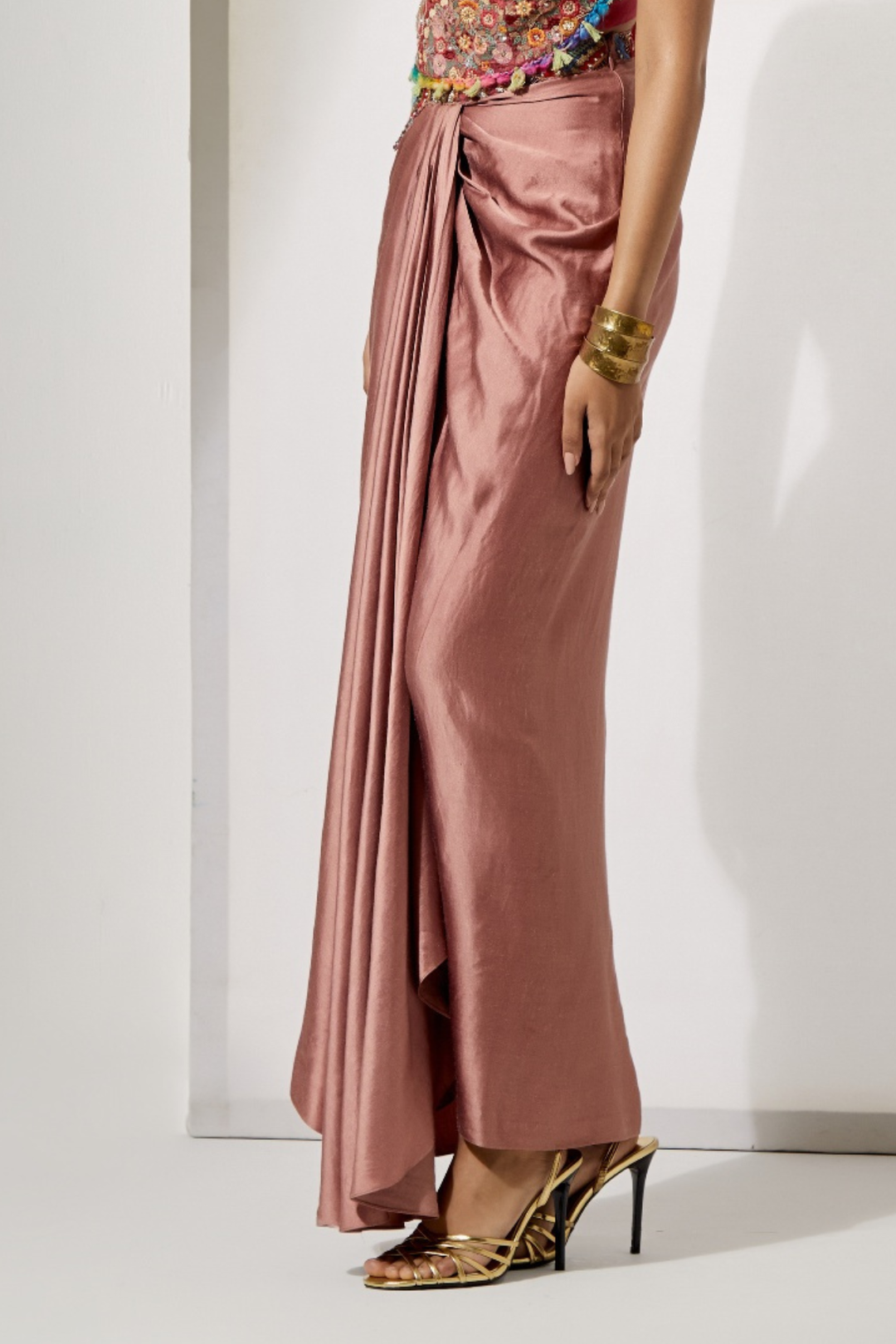 Mauve Satin Draped Skirt with Pleated Waist Detail+Rust Red Multi-Thread Tassel Corset