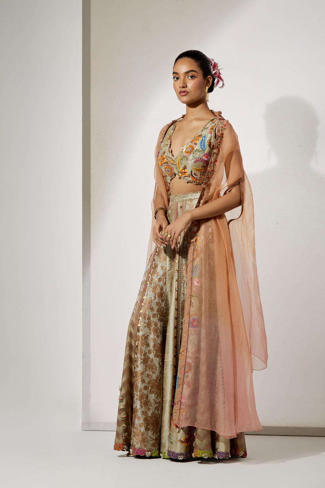 Beige Gold Embroidered Sharara Set with Organza Cape