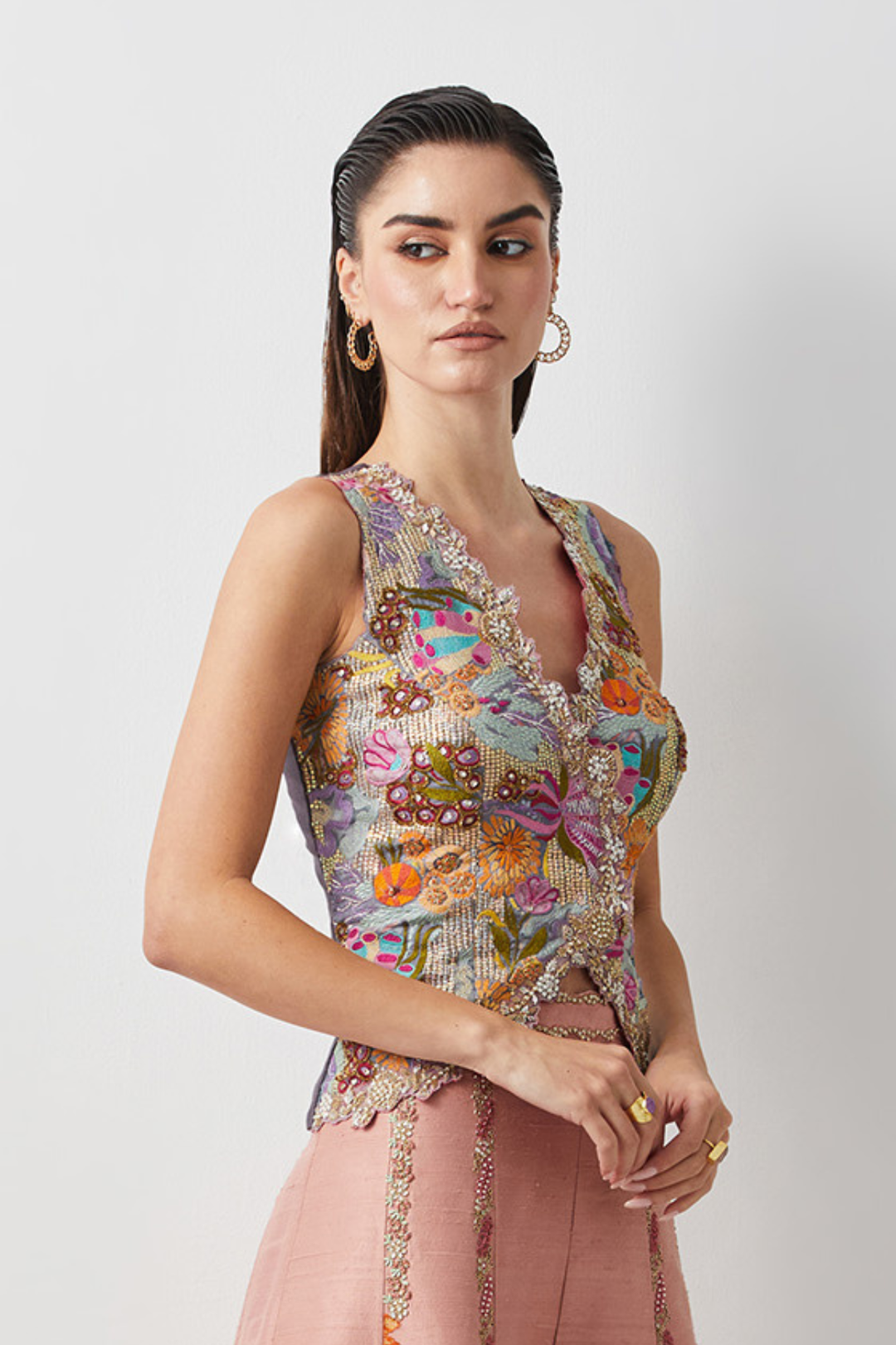 Dusty Mauve Embroidered Organza Skirt+Pastel Patchwork Embroidered Corset
