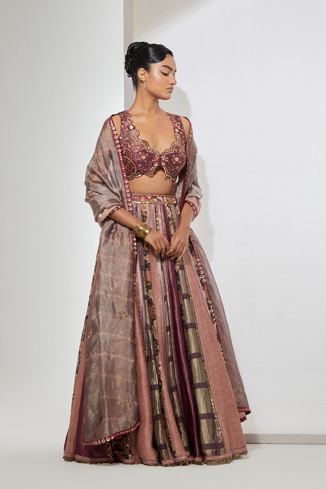 Burgundy Pink Patchwork Embellished Lehenga Set with Organza Dupatta