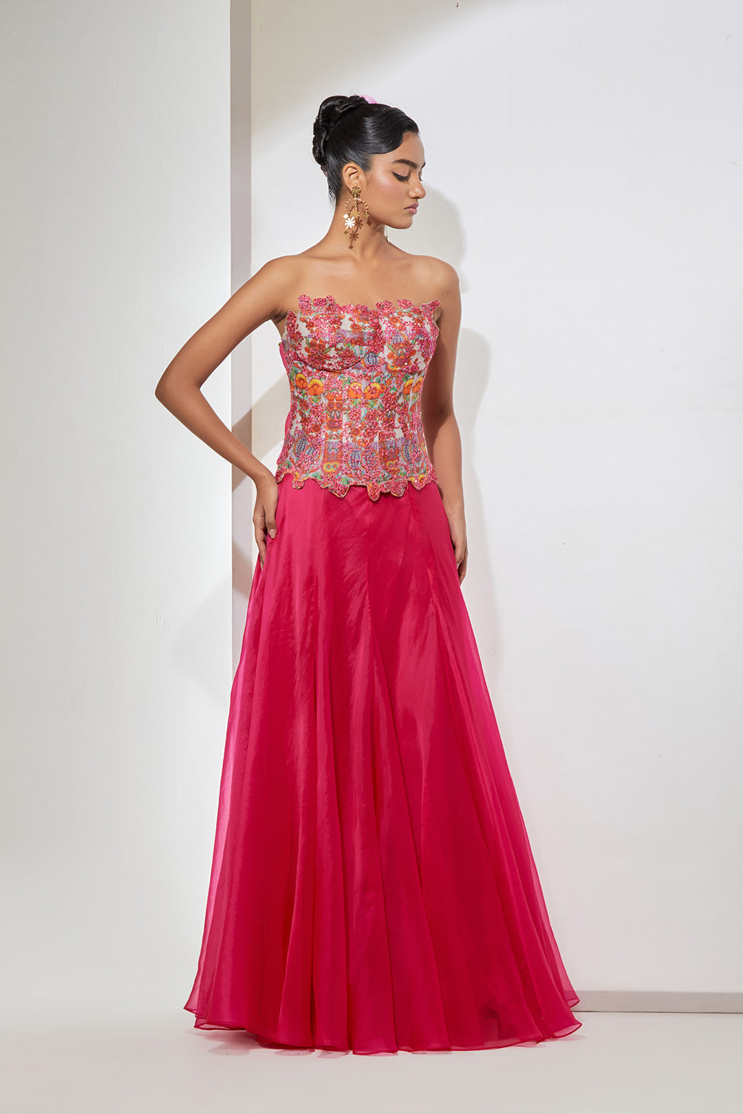 Pink Hand-Embroidered Silk Corset &amp; Organza Skirt Set.