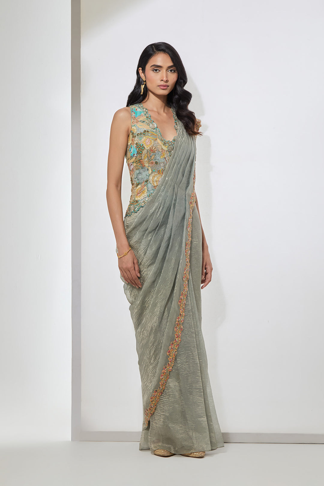Powder Blue Embellished Pre-Draped Saree with Corset Blouse