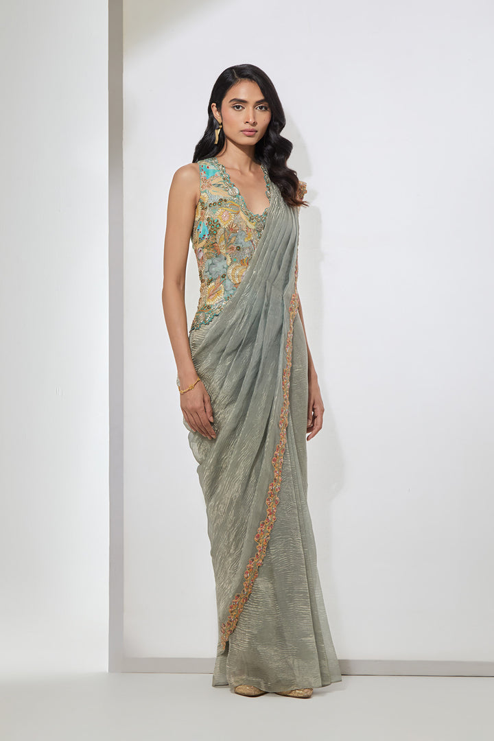 Powder Blue Embellished Pre-Draped Saree with Corset Blouse