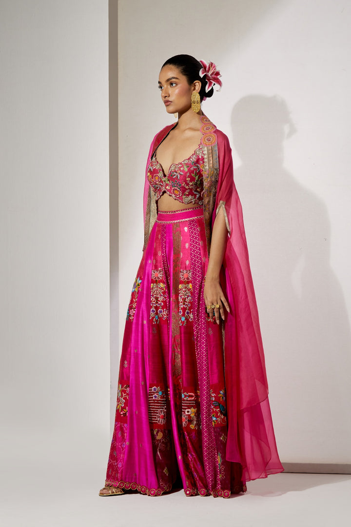Fuchsia Embroidered Sharara Set with Organza Cape